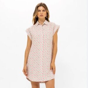 Oliphant | Mauve Pink and Green Geometric Linen Shirt Dress Mini Shift